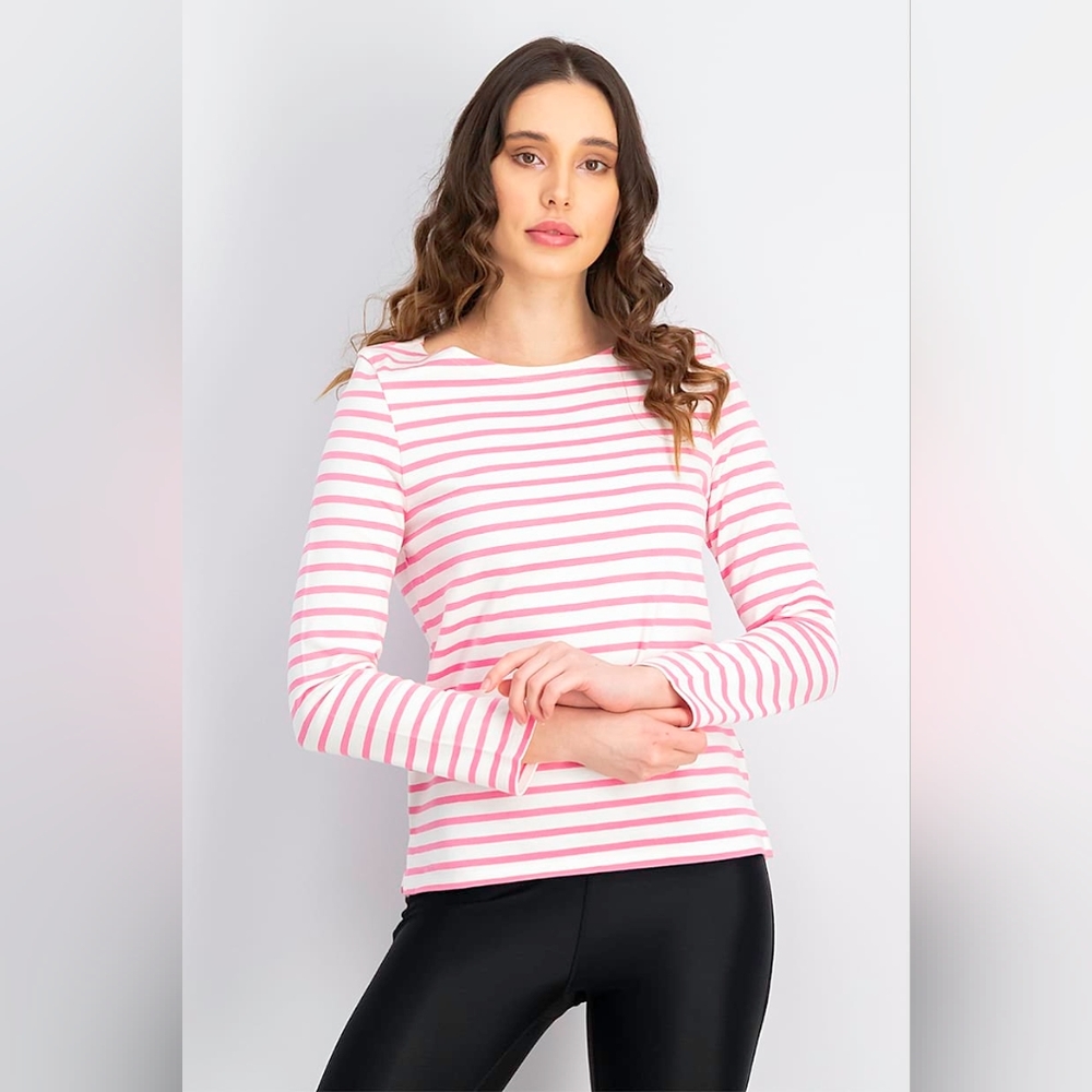 Petit Bateau Stripe Long Sleeve Top, Pink and White